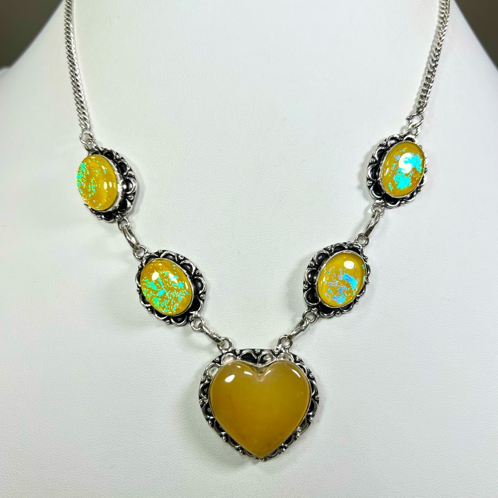 925 Yellow Lace Agate 💛 Triplet Opal Gemstone Necklace - Picture 1 of 5